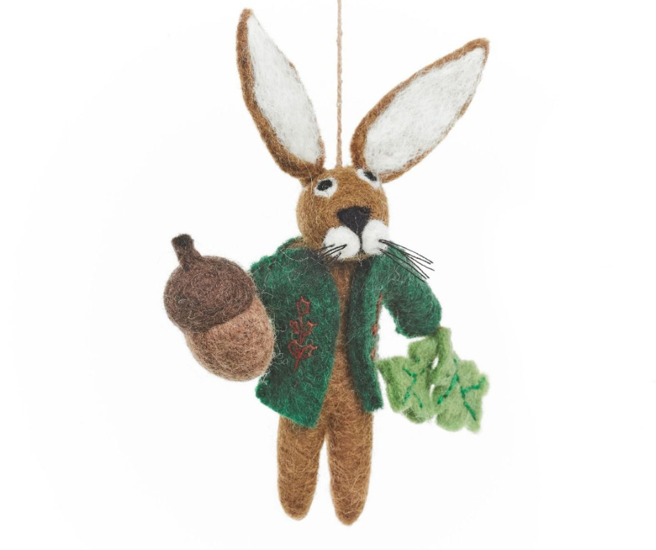 Fairtrade Handmade Felt Cedric the Hare Hanging Woodland Decoration