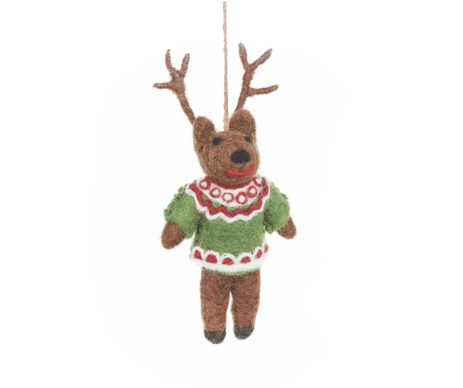 Fair Trade Handmade Felt Retro Reindeer Hanging Christmas Decoration