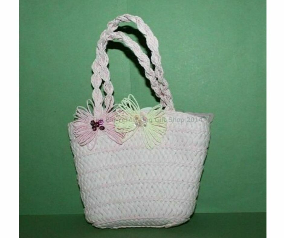 Girls Pink Woven Zip Close Bag With Applique Flowers