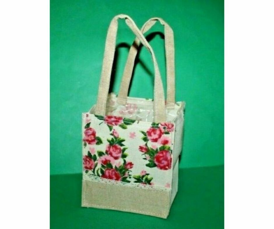 Girls Hessian Bag With Floral Rose Panel