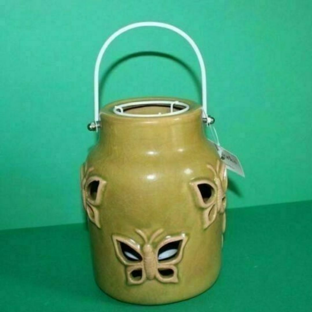 Large Distressed Antique Finish Green Ceramic Tea Light Lantern