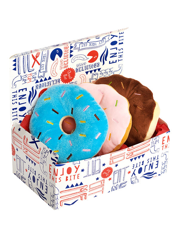 Box of Donuts 3 x Plush & Squeaky Dog Toys