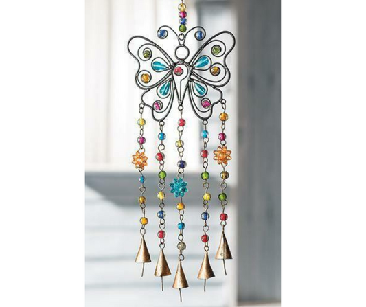 Fair Trade Recycled Iron Butterfly Wind Chime With Mixed Beads