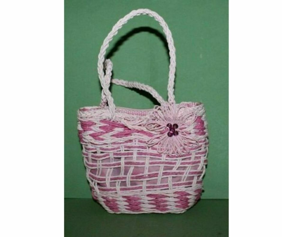Girls Pink Woven Zip Close Bag With Applique Sequined Flower