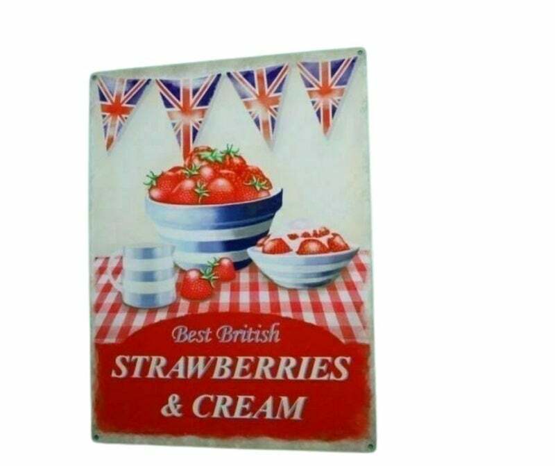 Large Best Of British Strawberries & Cream Metal Cafe Hanging Sign Plaque