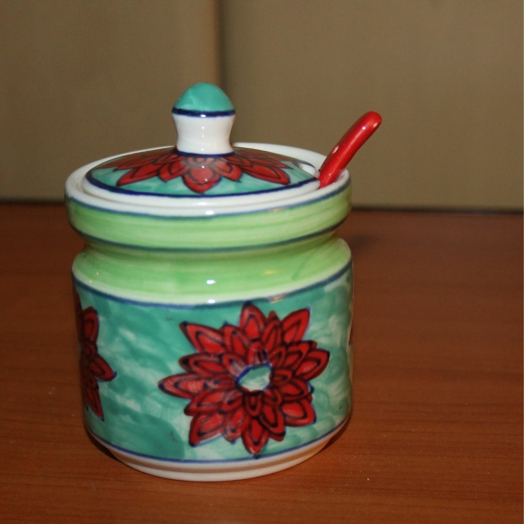 Fair Trade Hand Painted Ceramic Pickle Jar With Spoon