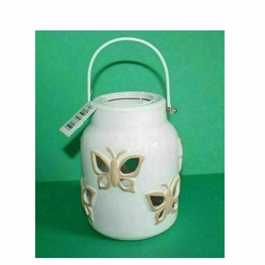 Large Distressed Antique Finish White Ceramic Tea Light Lantern