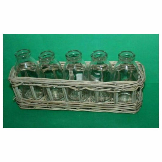 Rustic Country Chic Natural Willow Basket With 5 Glass Bottles Vase Display