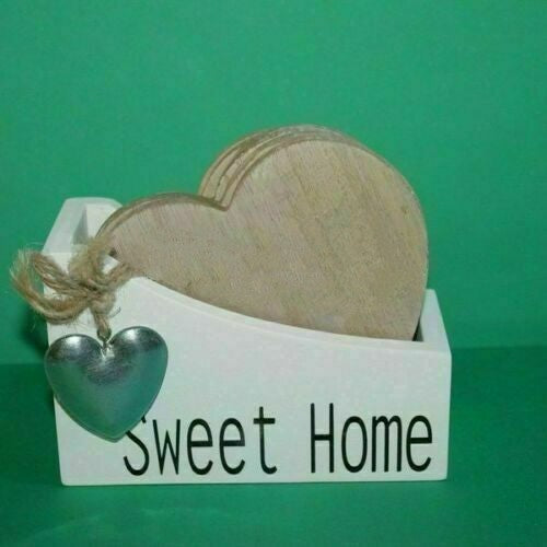 Shabby Distressed Chic Natural Wooden Heart Coaster Set Coasters