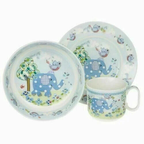 Bird & Ellie Blue Baby Toddler Feeding Set Christening Gift Plate Bowl Cup Boxed